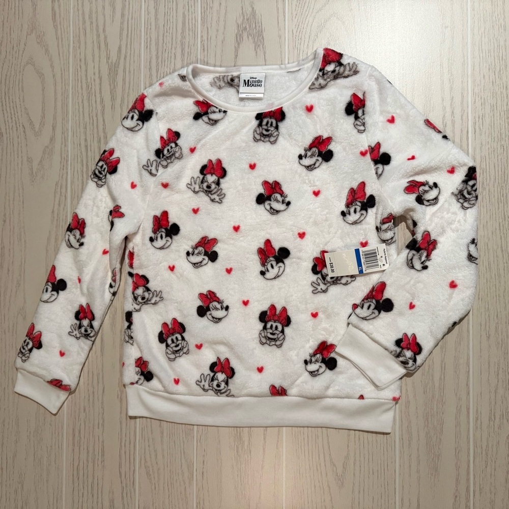 Disney Minnie Mouse Girls Size XL White Fleece Sweatshirt All Over Print NEW‎